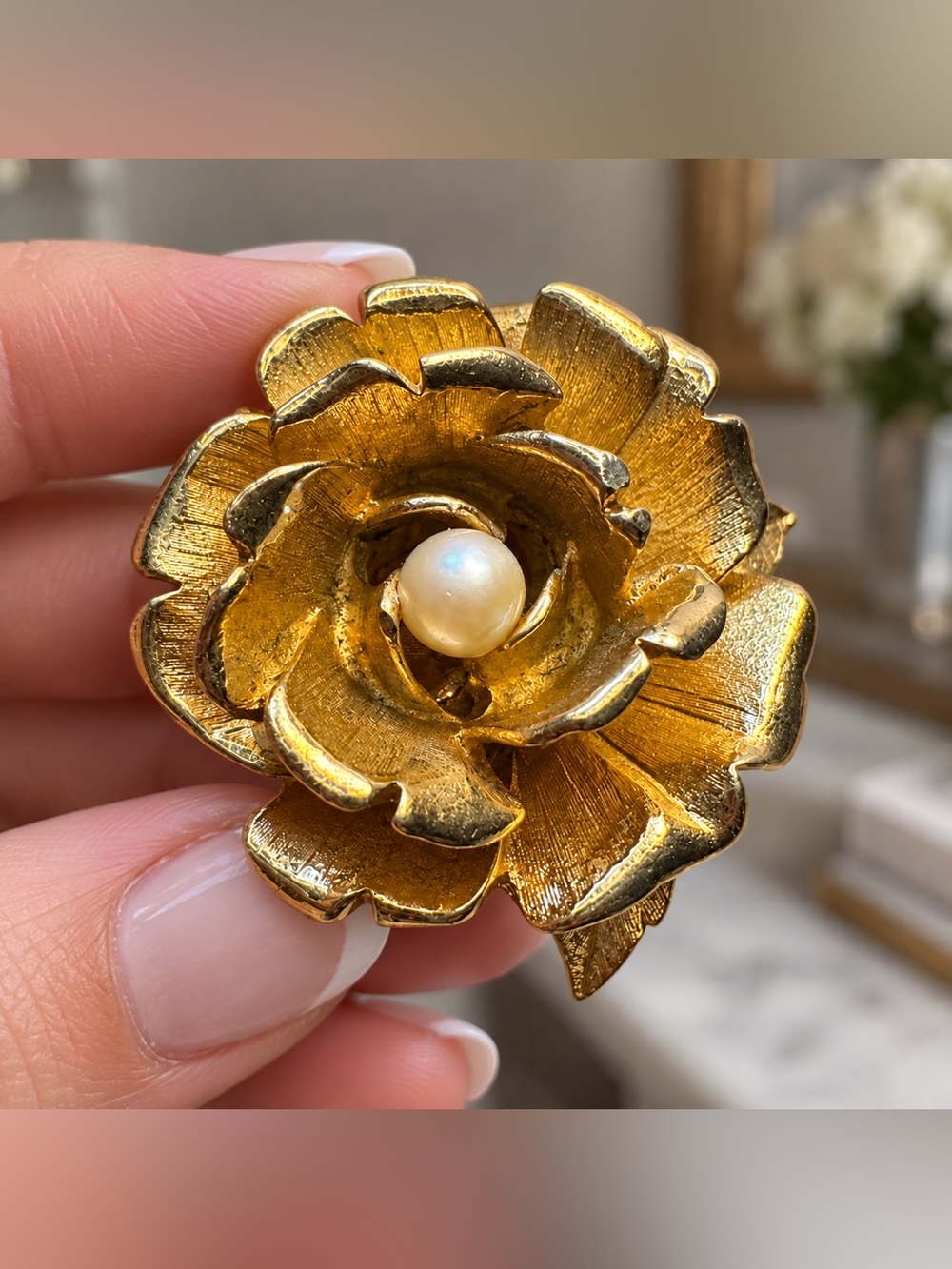 Vintage Boucher Gold Rose Pearl Brooch Signed